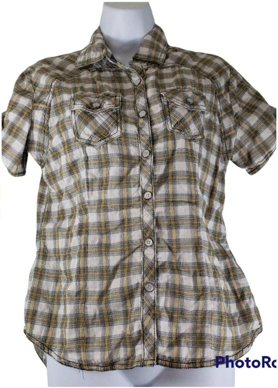Harley Davidson Yellow/White/Black Plaid Button Up Short Sleeve Top Size Small